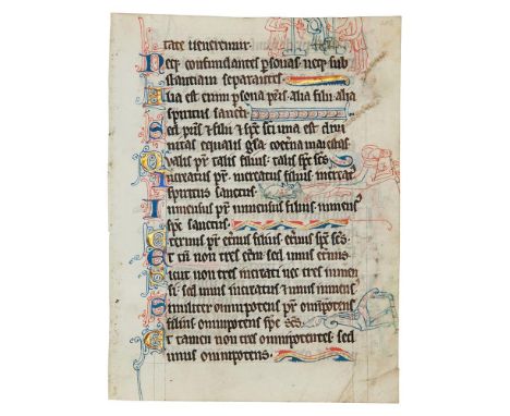 Two leaves from an early Psalter-Hours, with numerous penwork drolleries of a hanged man, a cow chased by a dog playing a mus