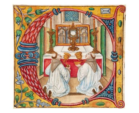 Two tonsured monks kneeling before the altar in worship of the host, cutting from a Gradual, manuscript on parchment [France 
