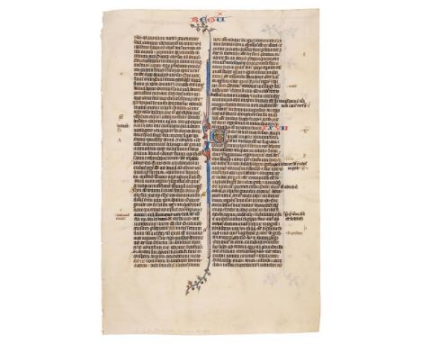 Three leaves from a grand lectern Bible, in Latin, illuminated manuscript on parchment [Flanders, or possibly France, early f