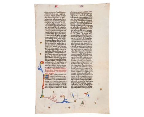 Two leaves of John of Wales, Communiloquium or Summa collationum, in Latin, illuminated manuscript on parchment [Spain, c. 14