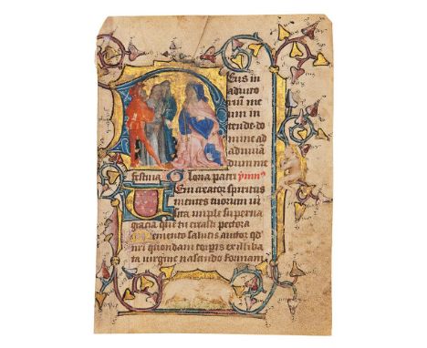 Christ before Pilate, in a finely executed historiated initial, with a human figure, perhaps a wildman, and two boars in the 