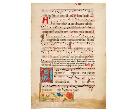 Two leaves from an Antiphonal, of Carthusian Use, in Latin, decorated manuscript on parchment [southern Netherlands (Ghent or