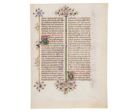 Leaf from the Llangattock Breviary, with two historiated initials, in Latin, illuminated manuscript on parchment [Italy (Ferr