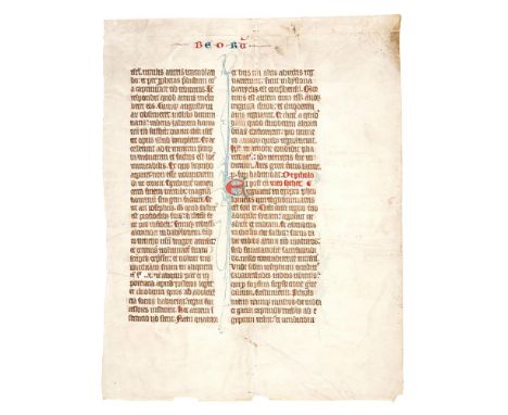 Leaf from a gargantuan copy of Petrus Comestor, Historia Scholastica, in Latin, decorated manuscript on parchment [Switzerlan