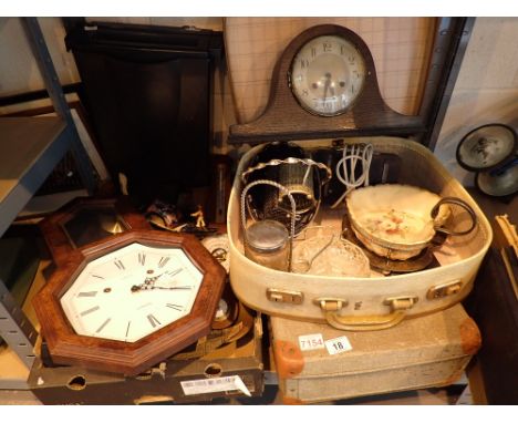 Two suitcases and box of mixed items including ceramics pet ware barometer music box etc 