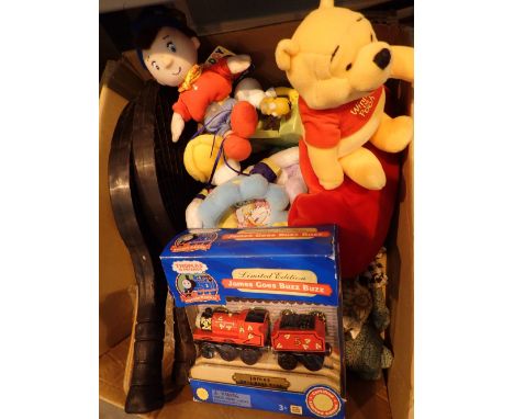 Box of teddies and toys to include Thomas the Tank Engine