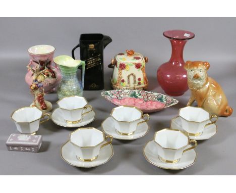 A tray of ceramics including Maling, Wade Johnnie Walker jug and Hummel figure (AF).