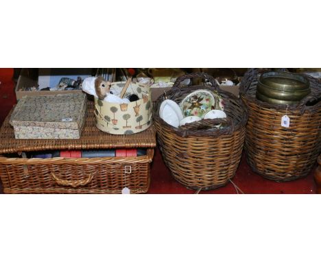 A part picnic set and basket along with a stringed puppet and jigsaw together with two wicker baskets and contents of various