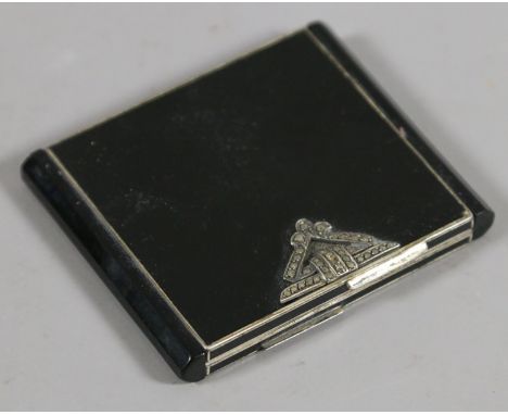An Art Deco enamelled silver powder compact with marcasite set thumb piece (AF).