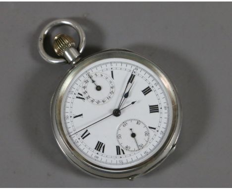 A continental silver cased chronograph pocket watch with enamel dial, centre seconds and subsidiaries at 6 and 12.