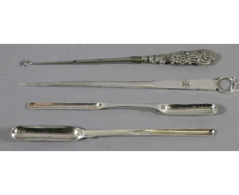 Two silver plated marrow scoops, a meat skewer and a silver handled button hook.