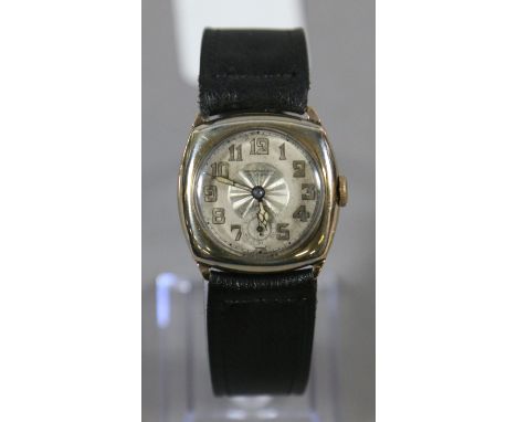A vintage manual Rotary wristwatch in square gold filled case with satin dial and subsidiary seconds.