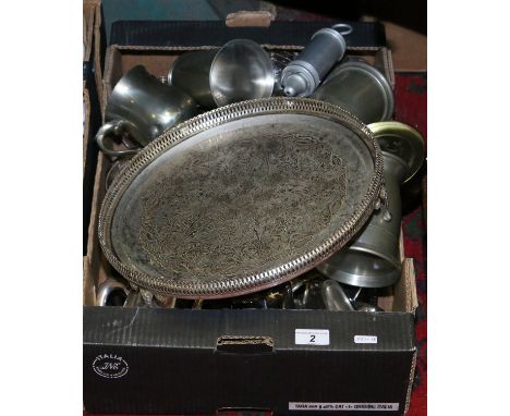 A box of metalwares to include brass, silver plate and pewter, etc.