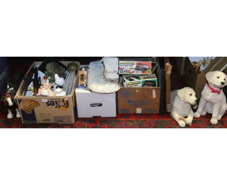Three boxes of miscellaneous to include Scalextric accessories, Sandicast labrador models, shire horse and cart, nativity sce