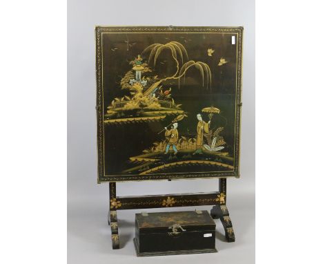 A chinoiserie folding firescreen/occasional table and similar gents tie box with press cover.