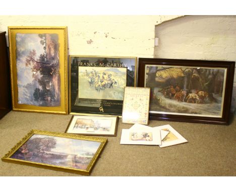 A collection of framed prints, a framed sampler and Walt Disney pictures.