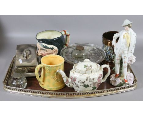 A tray of ceramics and glass including Arthur Wood commemorative mug, Poole and Burleigh ware silver lustre cheese dish.