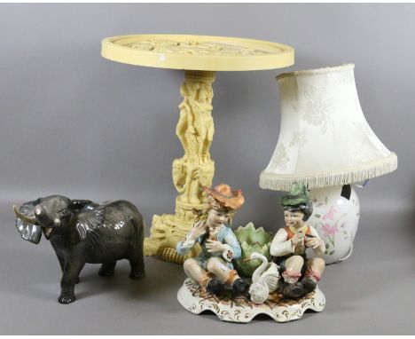 A composite figural centre pedestal table along with a Beswick model of an elephant (AF) together with a Capodimonte figure g