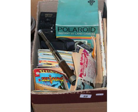 A box of photographic equipment to include a box camera, a Polaroid Instant 10 land camera in original box, a four drawer poc