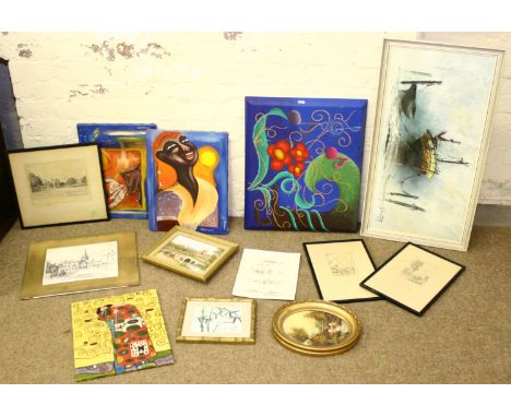 A collection of framed pictures and prints along with a studio art ceramic tile.