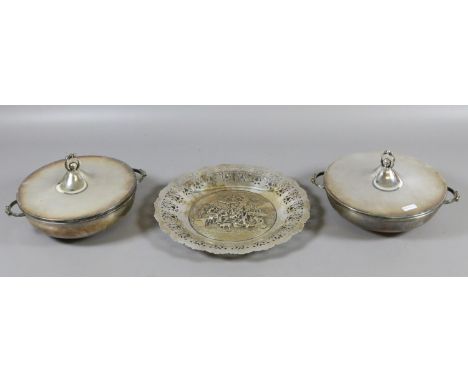 A pair of Denmark silver plated lidded tureens along with a pierced silver plate cabinet plate.