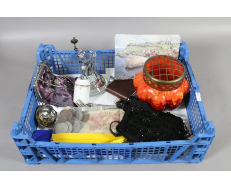 A small collection of miscellaneous to include silver plate cutlery, vintage pearls, handbags, coins and banknotes, etc.