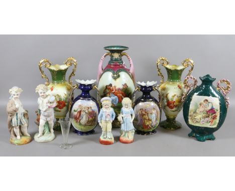 A Vienna twin handled vase decorated with classical figures, other early 20th century ceramic mantel vases and two pairs of c