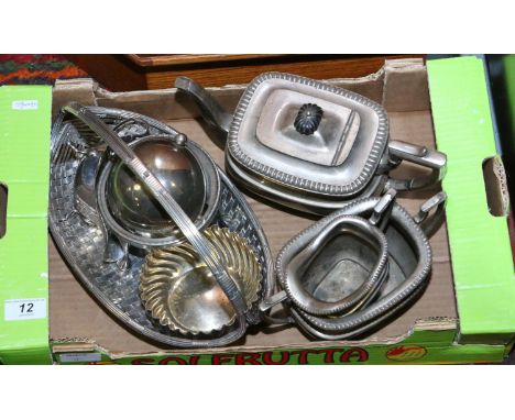 A box of mixed silver plate including three part tea service etc. 