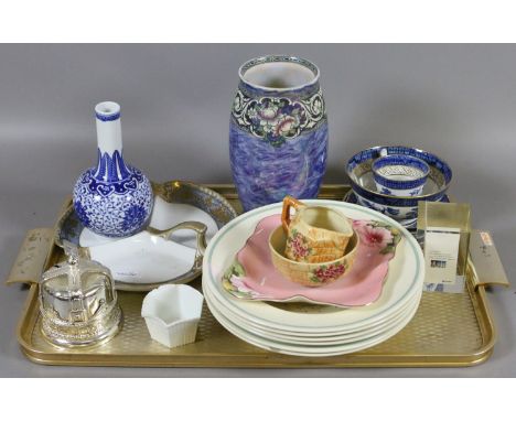 A tray of named ceramics including Booths, Carltonware, Susie Cooper, Noritake and Chinese blue and white bottle vase.