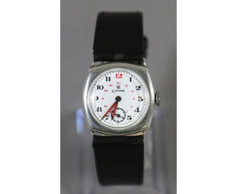 A gentleman's 1920s silver cased manual Cyma wristwatch with red inlaid pointed baton hands, 24 hour markers and subsidiary s