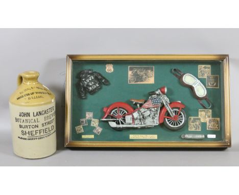 A cased novelty Harley Davidson model display along with a stoneware flagon 'John Lancaster, Sheffield'.