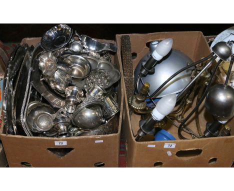 A box of metalwares to include mainly silver plate along with a box of light fittings.