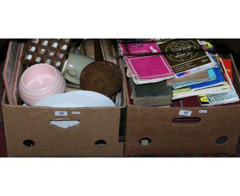 A box of mixed china and glass to include Denby along with a box of old books and Ordnance Survey maps.