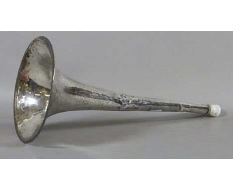 An Edwardian silver plated horn from a brass instrument maker to H. M. Forces A. Hall Gisbourne.
