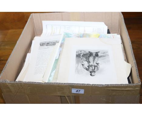 A box of antique unframed prints to include Schweppes advertising, military portrait engraving, etc.