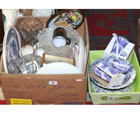 A box of miscellaneous pottery and glass to include Ringtons, Spode ladle, Myott blue and white and cut glass vases, etc.