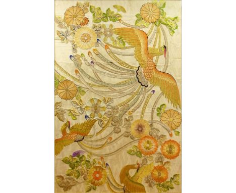 Vintage Japanese Embroidered Tapestry. Embroidered appliques and embroidery on fabric ground. Peacock and floral motif. Good 