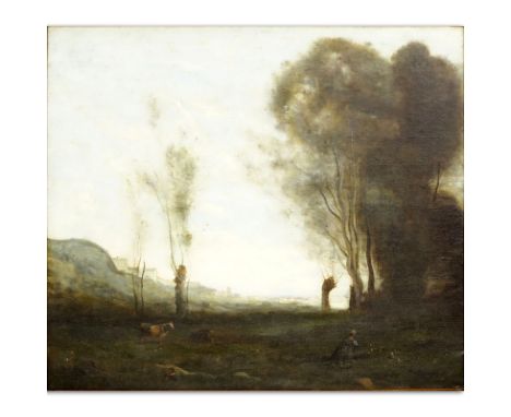 Attributed to: Jean-Baptiste-Camille Corot, French  (1796 - 1875) Oil on canvas “Barbizon Landscape”. Signed lower right. Sta