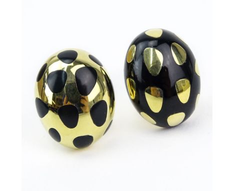 Tiffany & Co 18 Karat Yellow Gold and Enamel Reverse Design Polka Dot Earrings. Signed and stamped 750. Very good condition. 