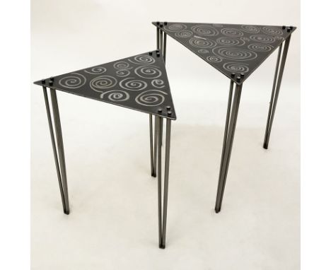Two Contemporary Welded Steel Nesting Tables. Both with triangular shape and dremeled swirl design. Labelled Millscale. Light