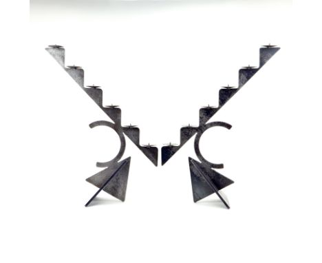 Pucci de Rossi, Italian (1947-2013) Pair of Candelabra, Patinated Steel. Stepped design, each with 6 candle holders. Engraved