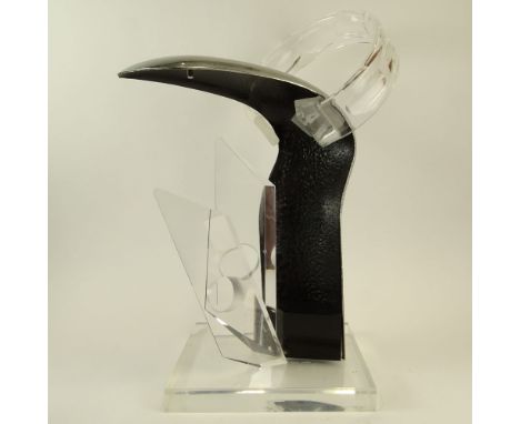 Rona Cutler Mid-Century Modern Lucite and Chrome Sculpture. Signed. Light wear, display scratches on bottom, oxidation. Measu