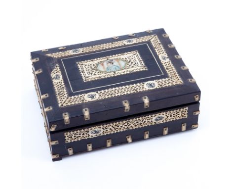 Antique Anglo Indian Wood and Bone Mounted Box with Portrait Top. Rubbing and losses to bone, some scuffs and normal splits t