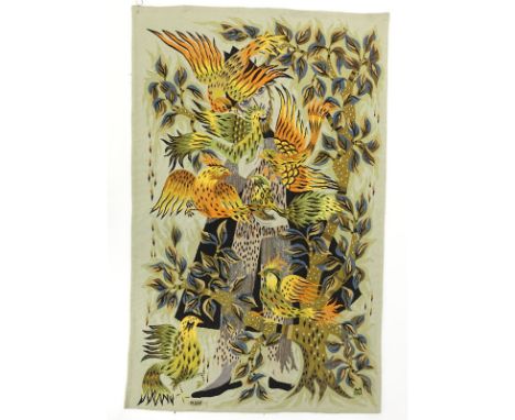Michele Ray, French (b. 1933) Hand Woven Wool Tapestry "L'Oiseleur". Signed M. Ray, numbered 6/6. Label: Atelier "Le Mur Du N