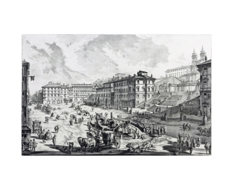 After: Giovanni Battista Piranesi, Italian (1720-1778) Etching "Veduta di Piazza di Spagna". Unsigned. Toning, stains, small 