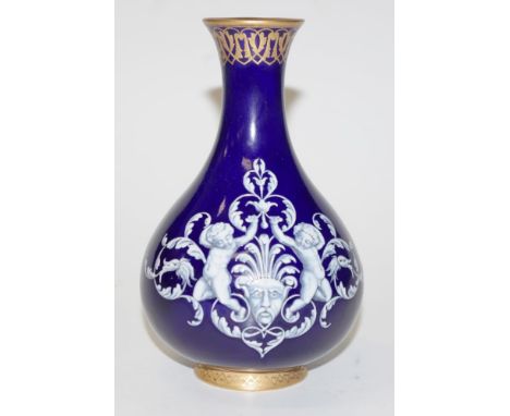 Victorian Kerr & Binns Worcester enamelled vase Limoges enamel gilt decoration on cobalt blue ground, marked to base, (from t