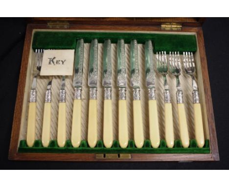 Set of silver plate &amp; bone fruit knives &amp; forks with hallmarked Sheffield 1906 collars, maker: W R Humphreys &amp; Co