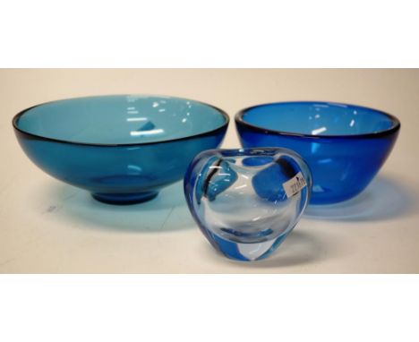 Two art glass bowls and a vase including Holmegaard, and Orrefors