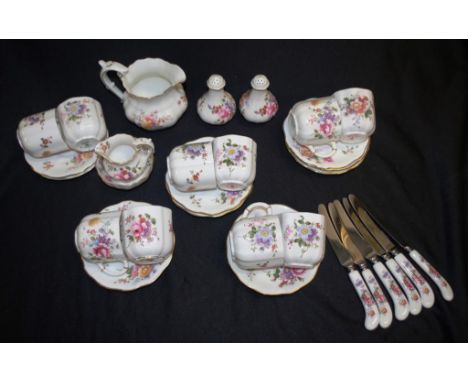 Royal Crown Derby 'Derby Posies' part set comprising: 10 coffee cups and 9 saucers, a sugar bowl, and cream jug; together wit