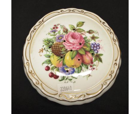 Coalport painted ceramic pot pourri bowl pierced lid with painted blossom decoration, on white ceramic bowl, marked to base, 